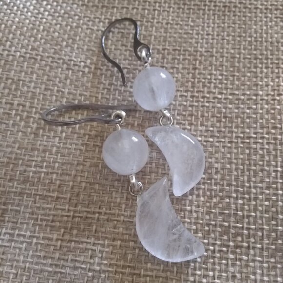 Bold & Modern Style! Genuine Crystal Quartz Moon Statement Dangle Earrings - Picture 5 of 8